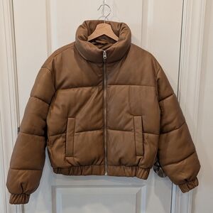 Abercrombie Fitch Puffer Jacket Womens S Brown Faux Leather Tan vegan quiet